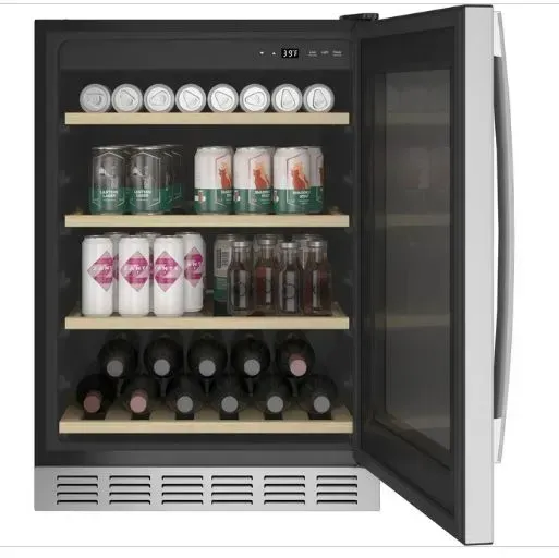 A wine cooler filled with cans and bottles