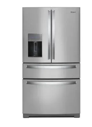 Stainless steel French door refrigerator with bottom freezer and ice/water dispenser.