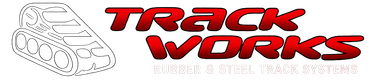 TRACK WORKS logo with a stylized white tank outline and bold red text on a light background