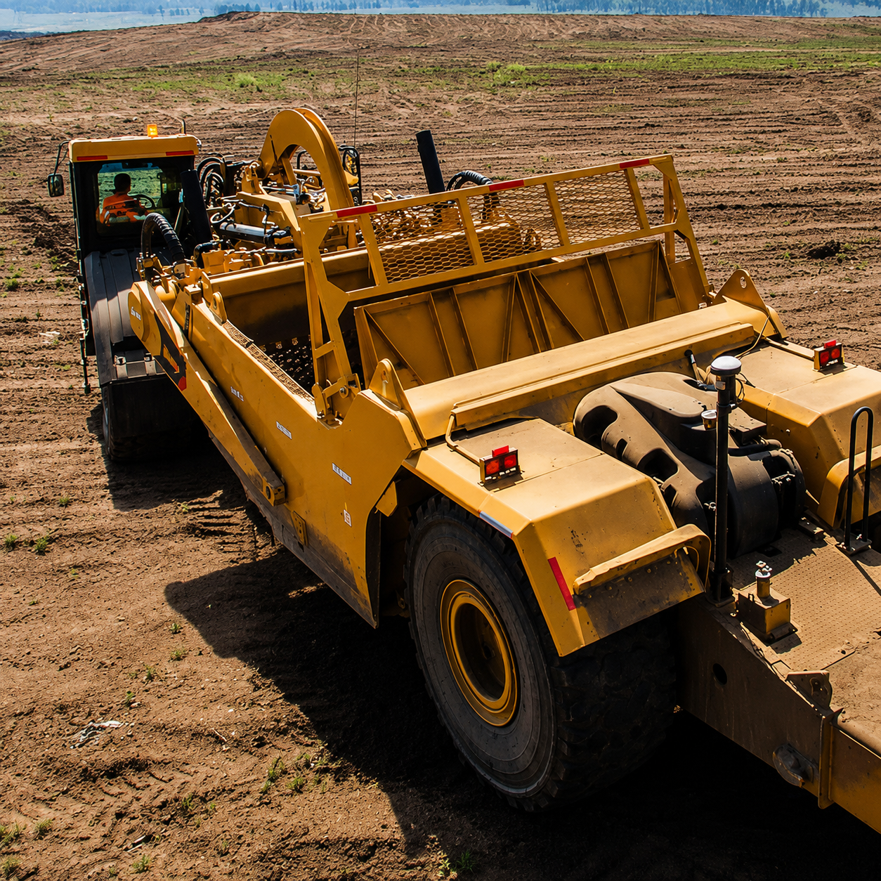 Yellow construction loader on dirt field, viewed from the rear with another vehicle beside it.