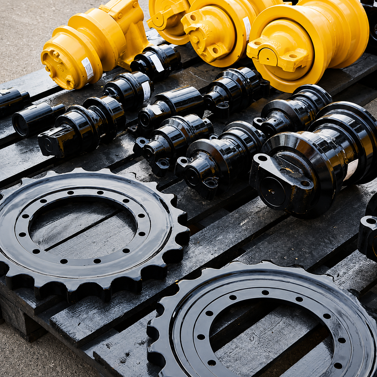 Yellow and black industrial machinery parts arranged on a dark surface
