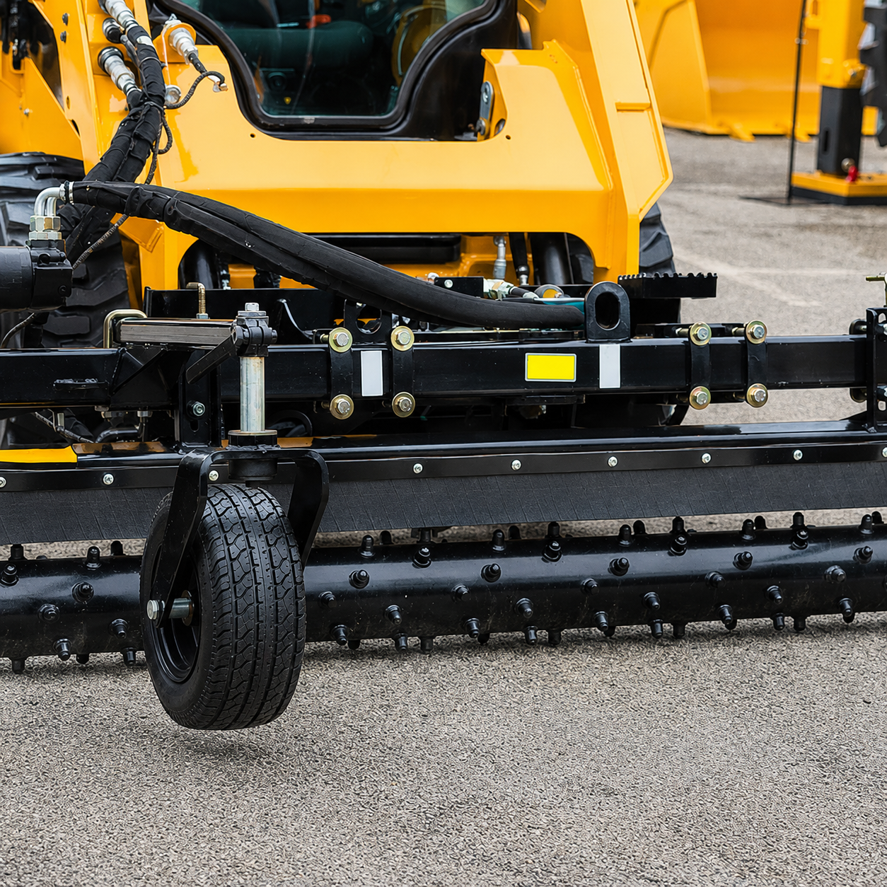 Yellow construction machine with black rubber track and front tire on gravel