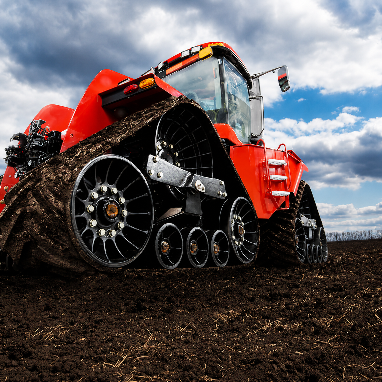 Red tractor with large tank treads driving across a muddy field under a cloudy sky