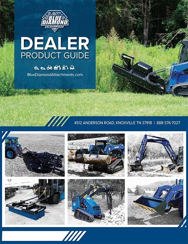 Blue dealer product guide flyer with six photos of compact tractor attachments in a grassy outdoor setting
