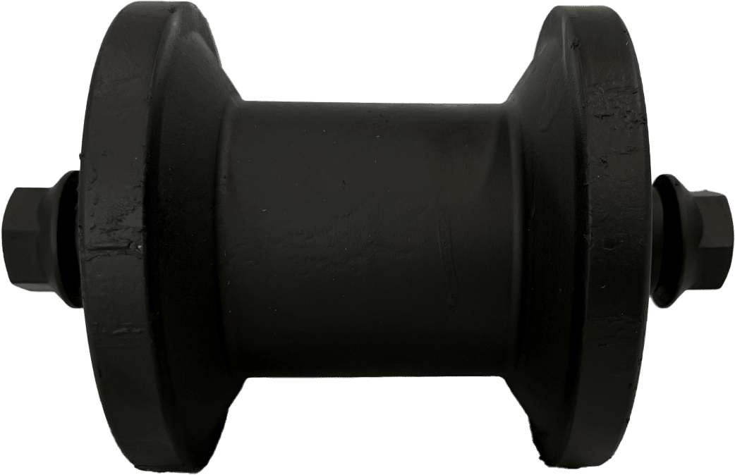 Black metal industrial roller with flanged ends on a white background