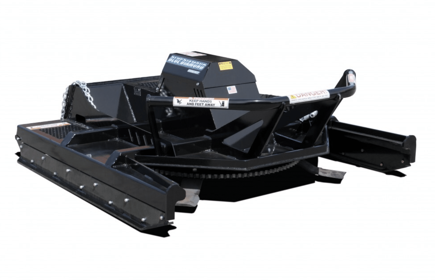 Black industrial snow blower attachment with wide augers on a white background
