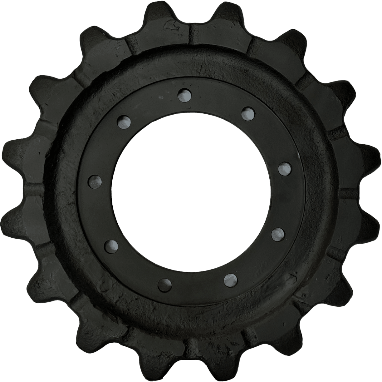 Black metal sprocket gear with a large center hole on a white background