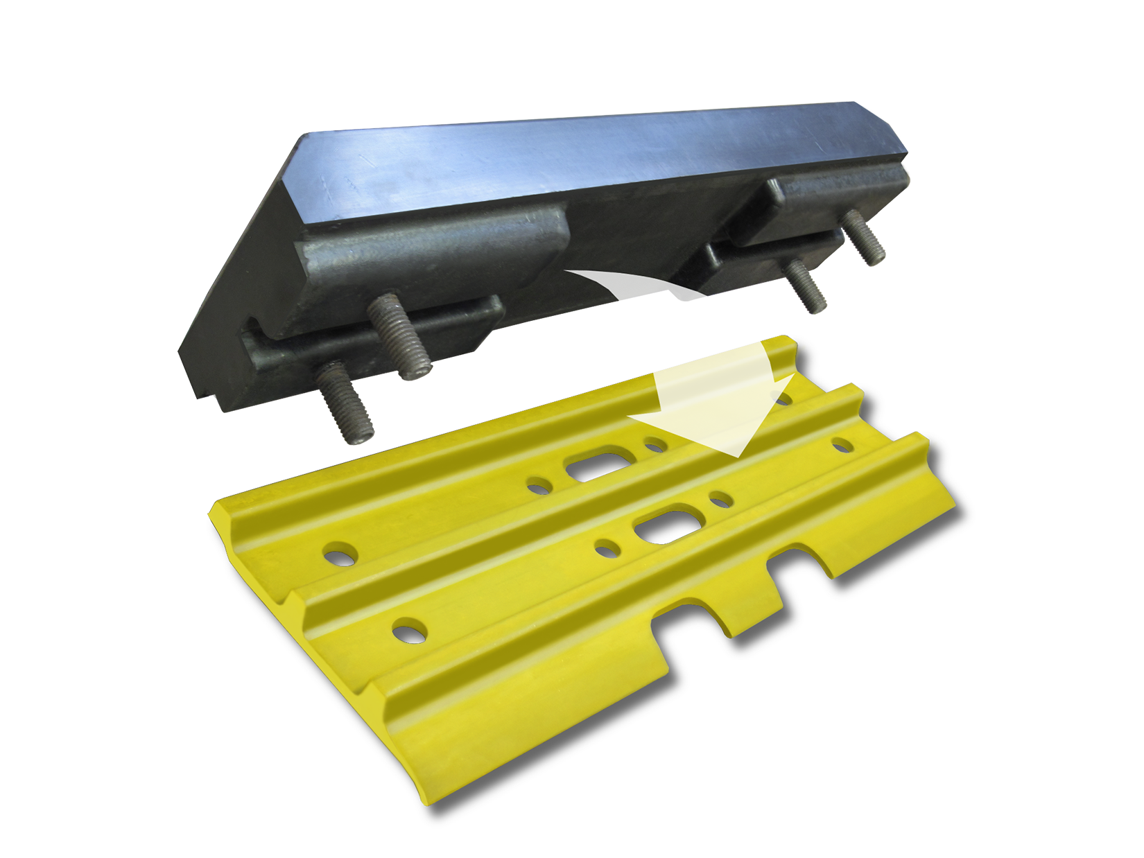 Black and yellow plastic cable ramp sections, separated to show how they fit together