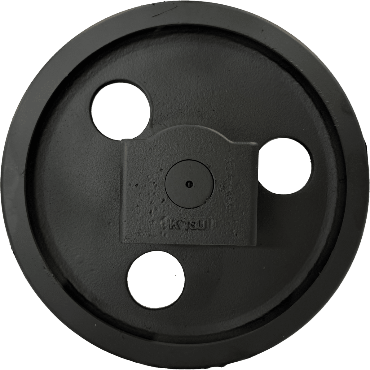 Black circular plastic lid with three white holes and a central square mounting piece