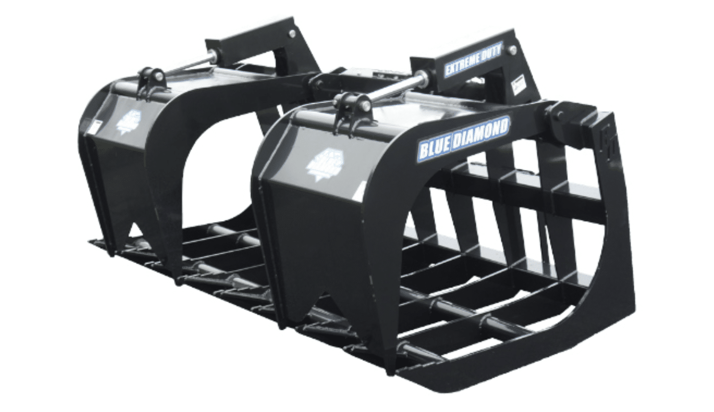 Two black tractor grapple buckets with metal tine cages on a white background