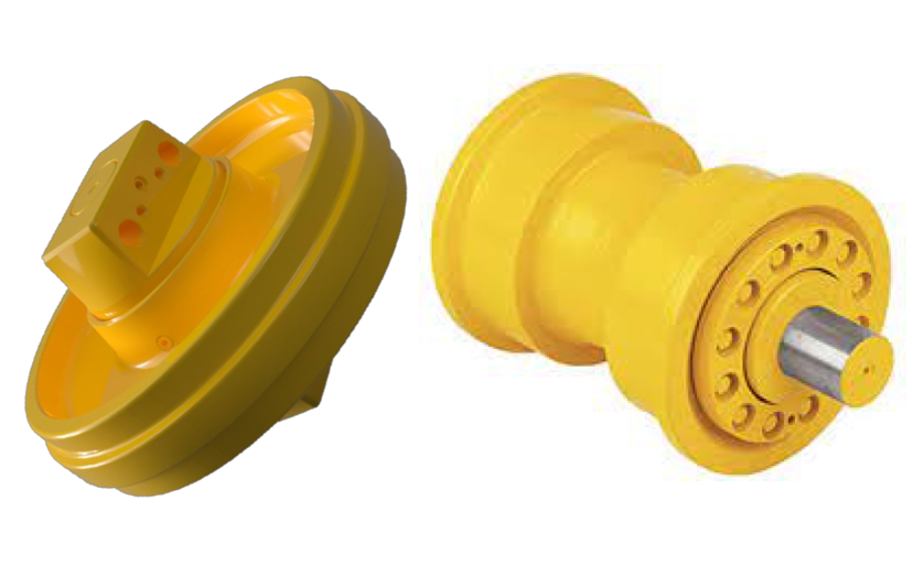 Yellow industrial rollers or pulleys with metal shafts on a white background