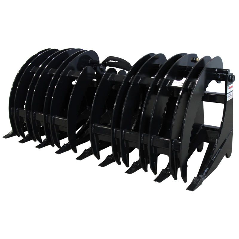Two black tractor grapple buckets with metal tine cages on a white background