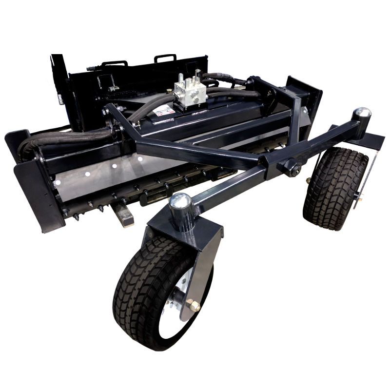 Black industrial snow blower attachment with wide augers on a white background