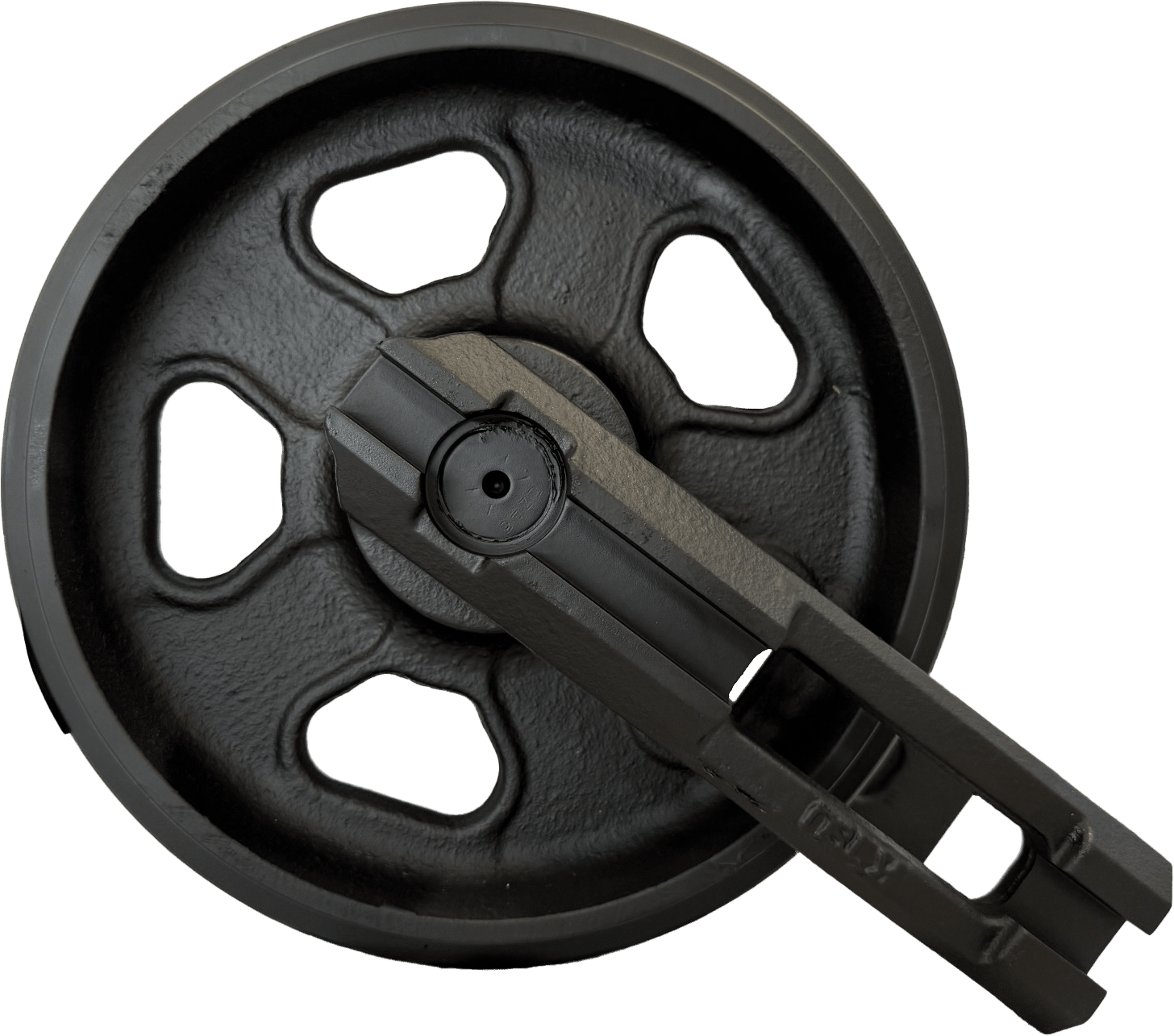 Black metal wheel with three-spoke handle on white background