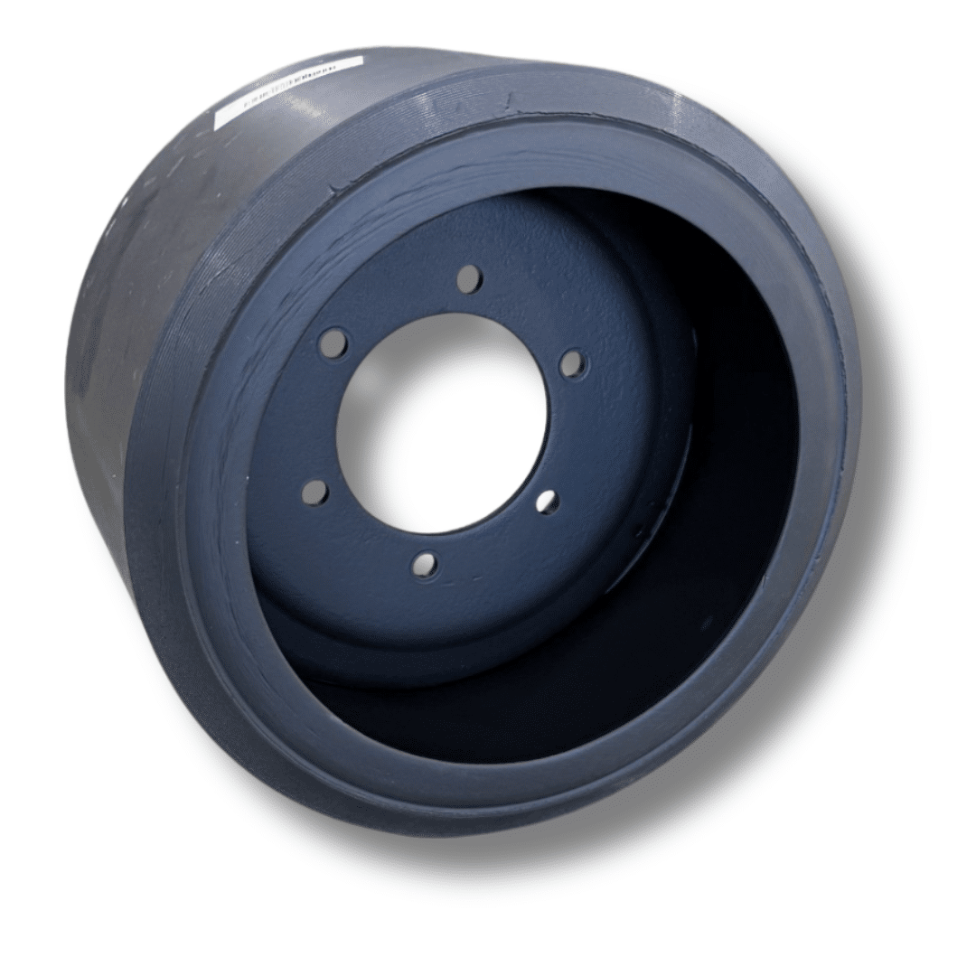 Dark gray wheel rim or hubcap with central opening and bolt holes, isolated on white background