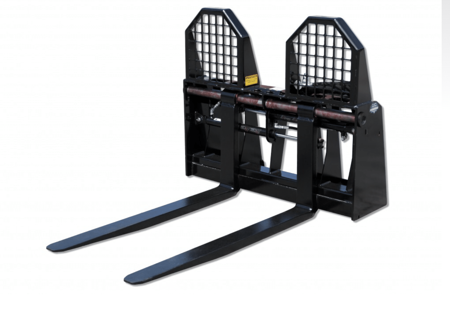 Black dual pallet jack attachment with two long forks on a white background
