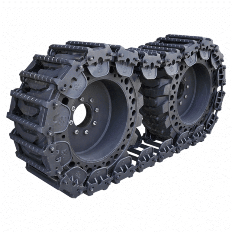 Black rubber track belt with tread blocks, shown coiled on a white background
