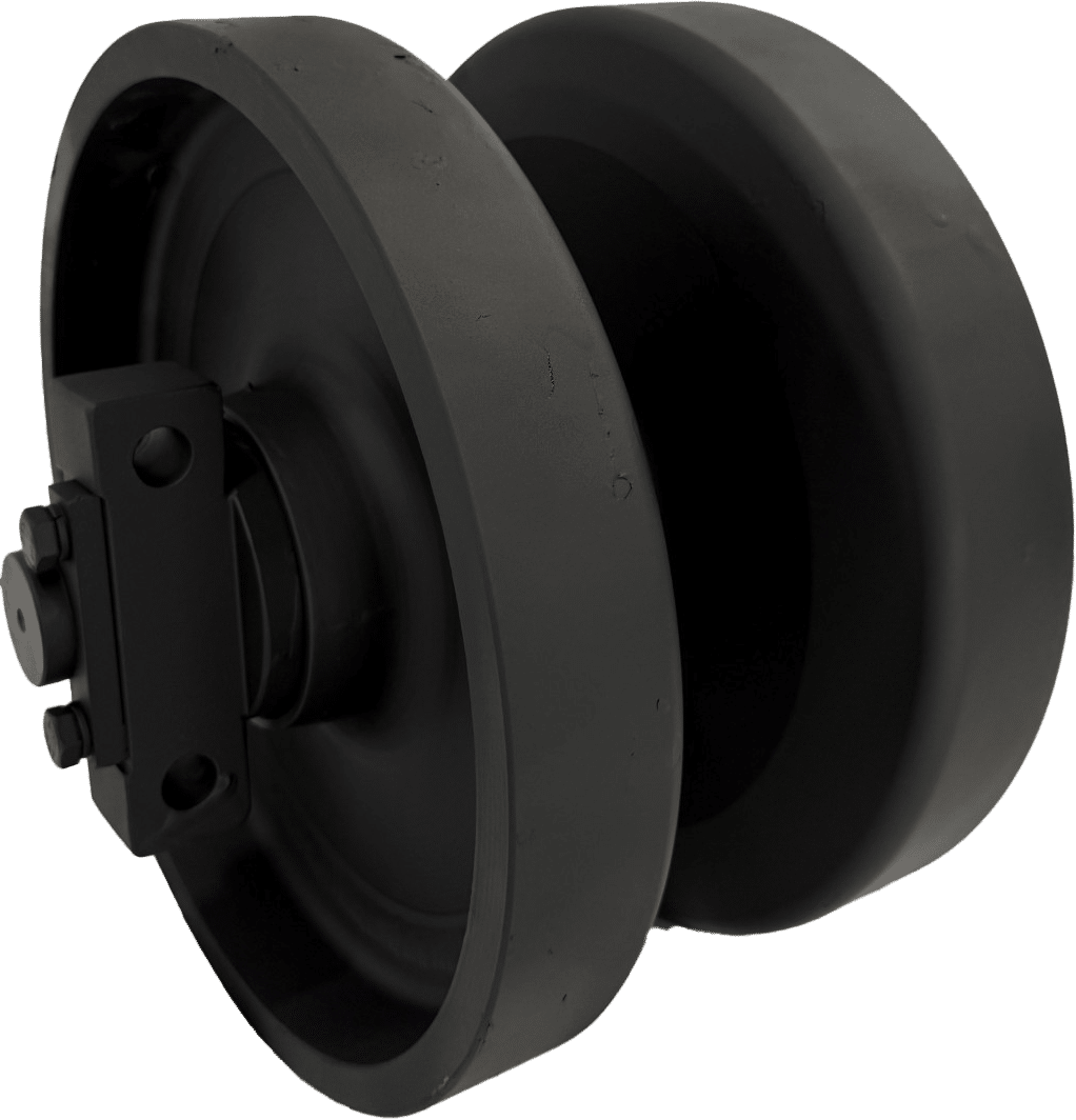 Black industrial pulley wheel with a grooved rim and central mounting hub on a white background