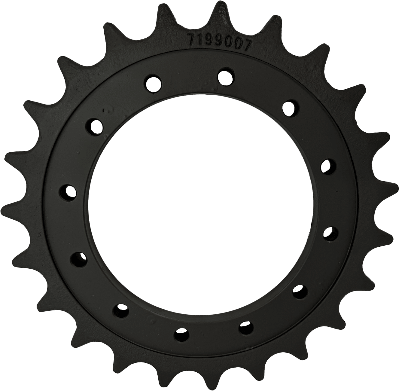 Black metal sprocket gear with evenly spaced teeth and bolt holes on a white background