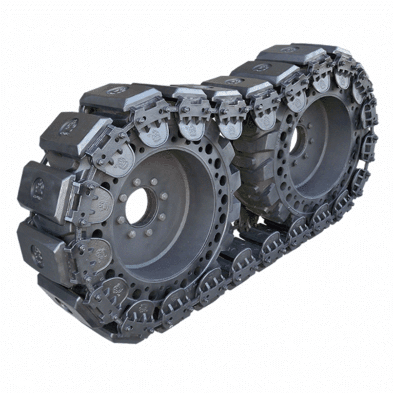 Black rubber track tread belt for a vehicle or snowmobile, shown coiled against a white background