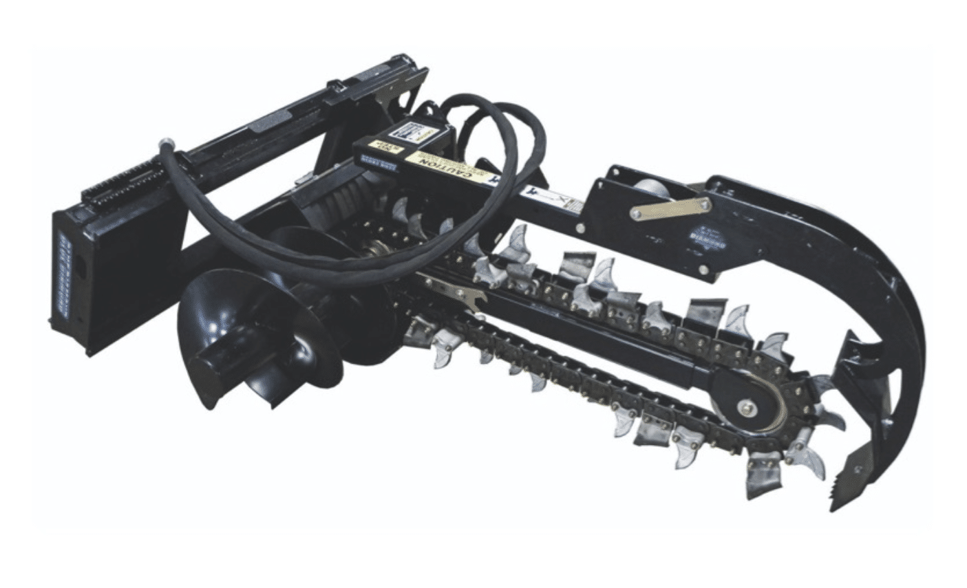 Black mechanical trenching attachment with chains and hoses on a white background