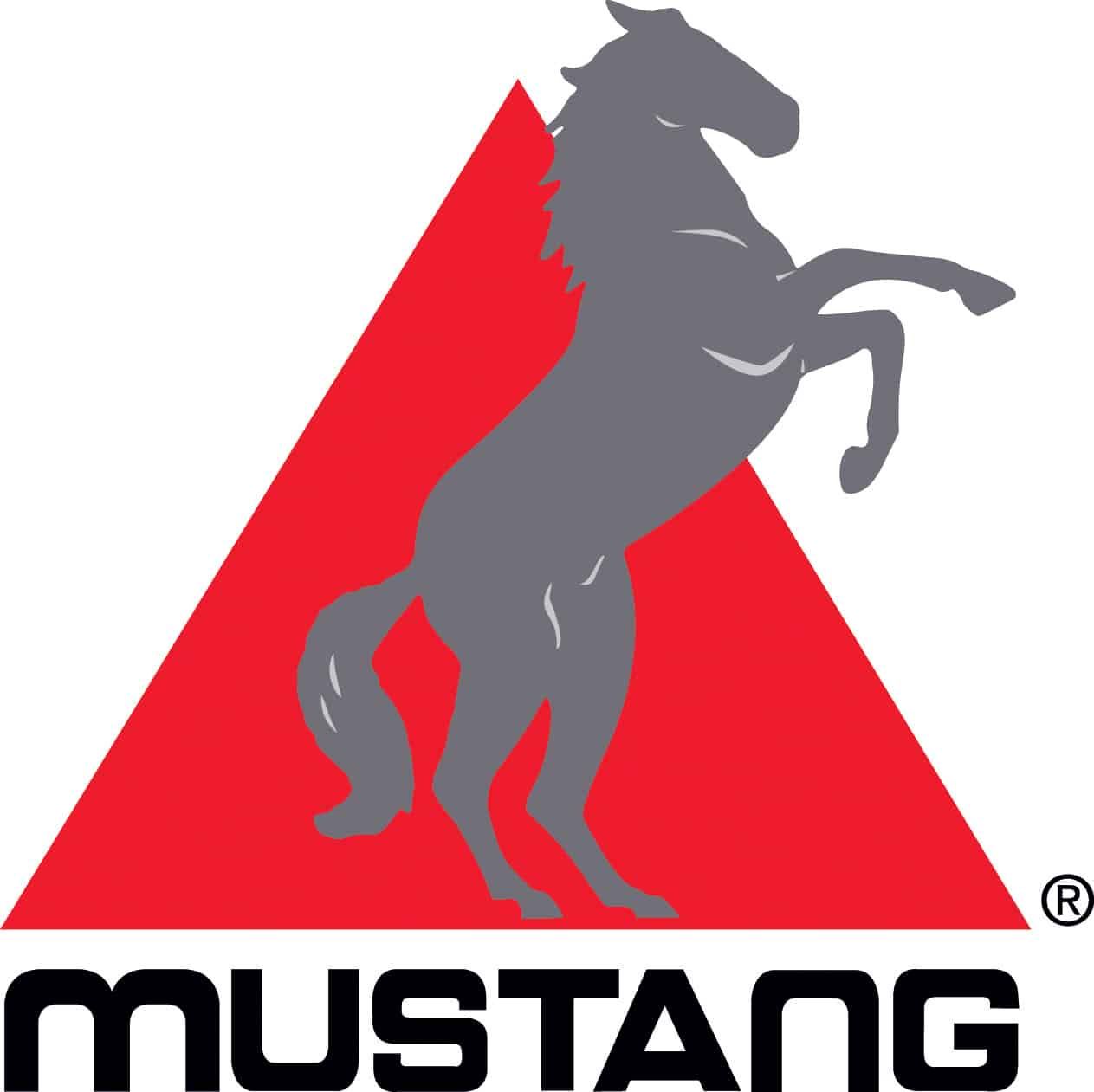 Mustang logo with a rearing gray horse on a red triangle above the word MUSTANG
