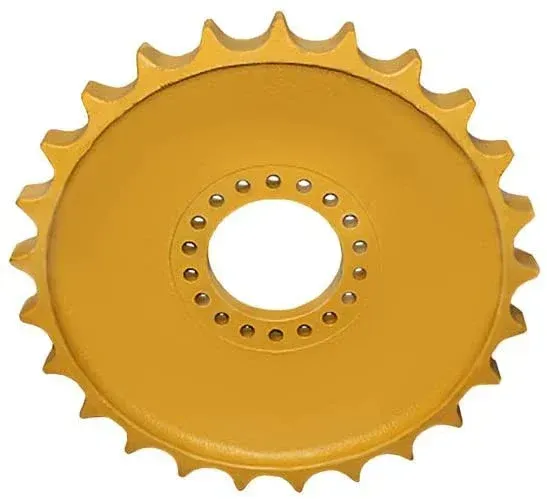 Yellow gear sprocket with a central hole and evenly spaced bolt holes around it