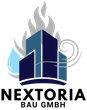 NEXTORIA BAU GMBH logo with blue building, gray flames, and water droplet icon