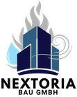 NEXTORIA BAU GMBH logo with blue building, gray flames, and water droplet icon