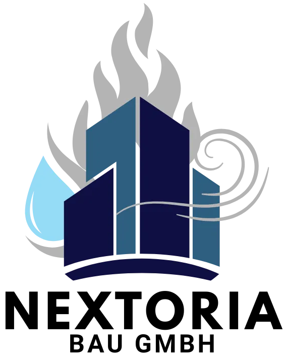 NEXTORIA BAU GMBH logo with blue building, gray flames, and water droplet icon