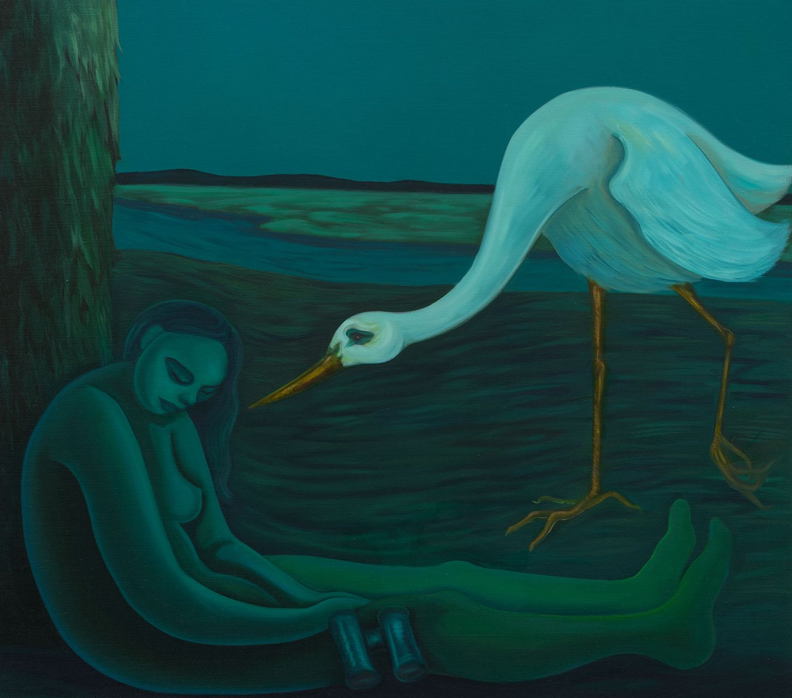 Woman reclines near a tree, eyed by a large white bird; dusky teal tones, outdoor setting.