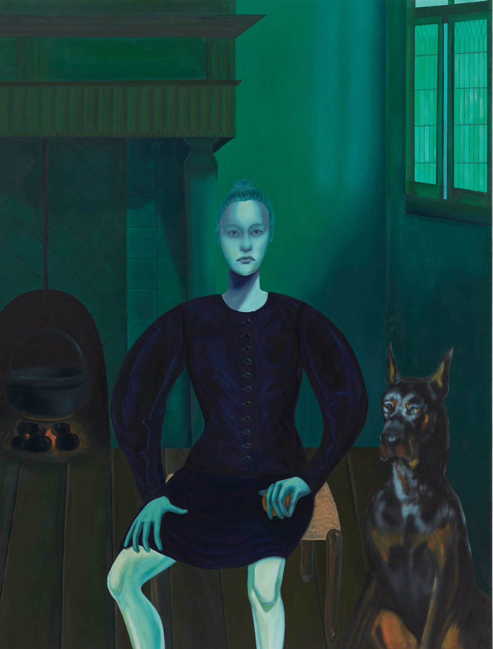 A person with pale skin and a dark dress sits beside a large dog in a green-lit room.