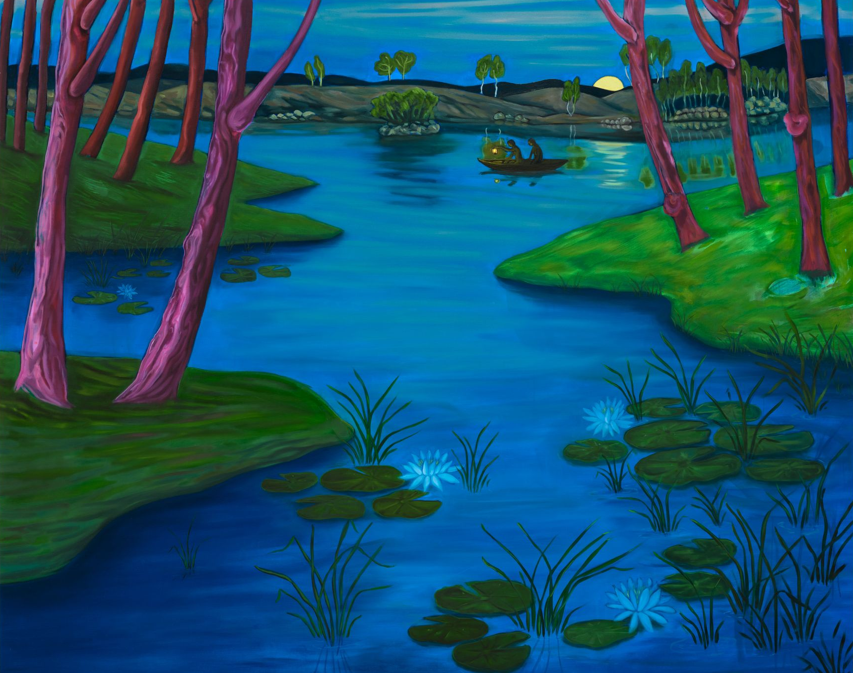 Night scene: Pink-trunked trees surround a blue lake with water lilies. Creature swims toward the moon.