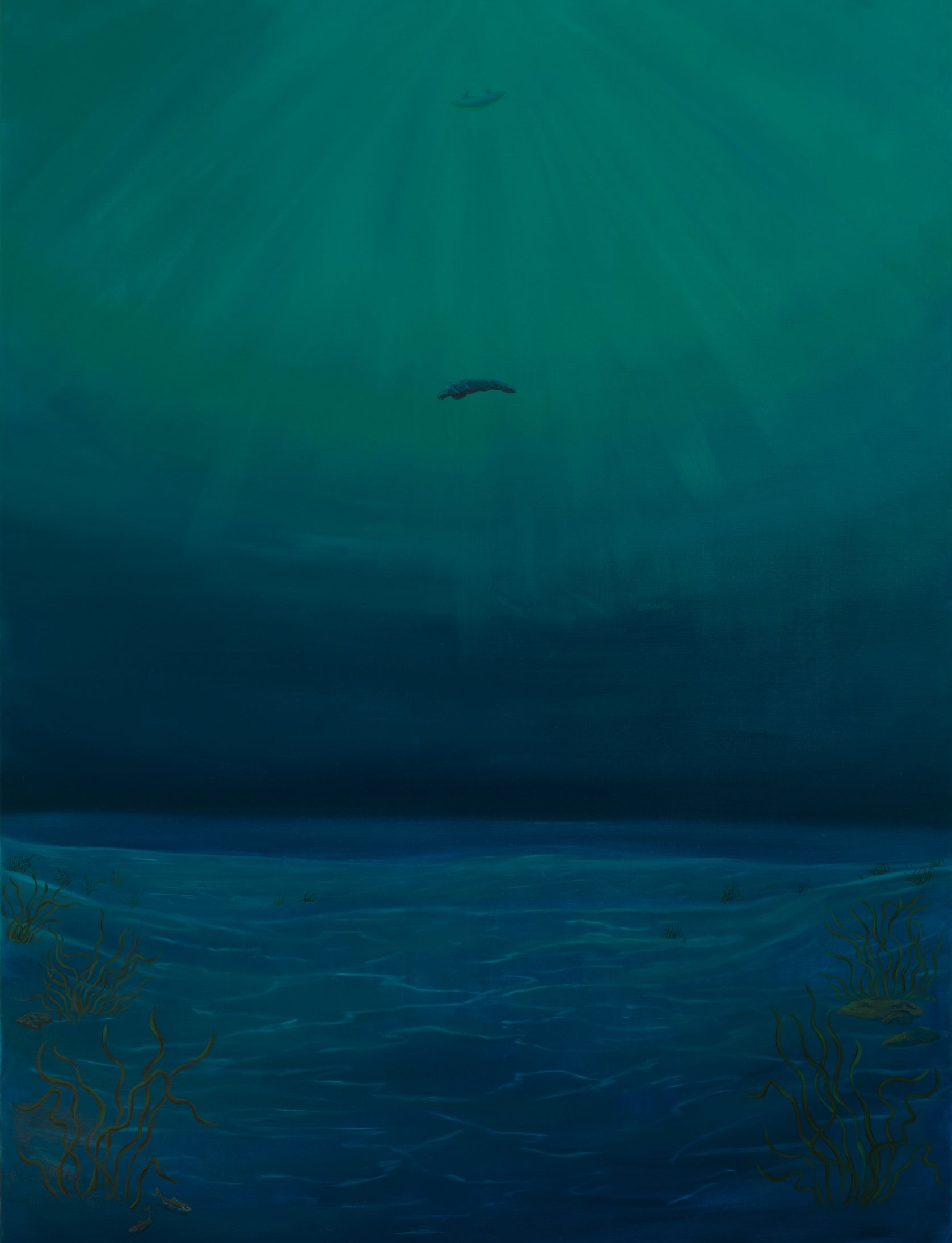 Dark turquoise and navy painting of an underwater scene. A shape hovers near the top, below a teal surface.
