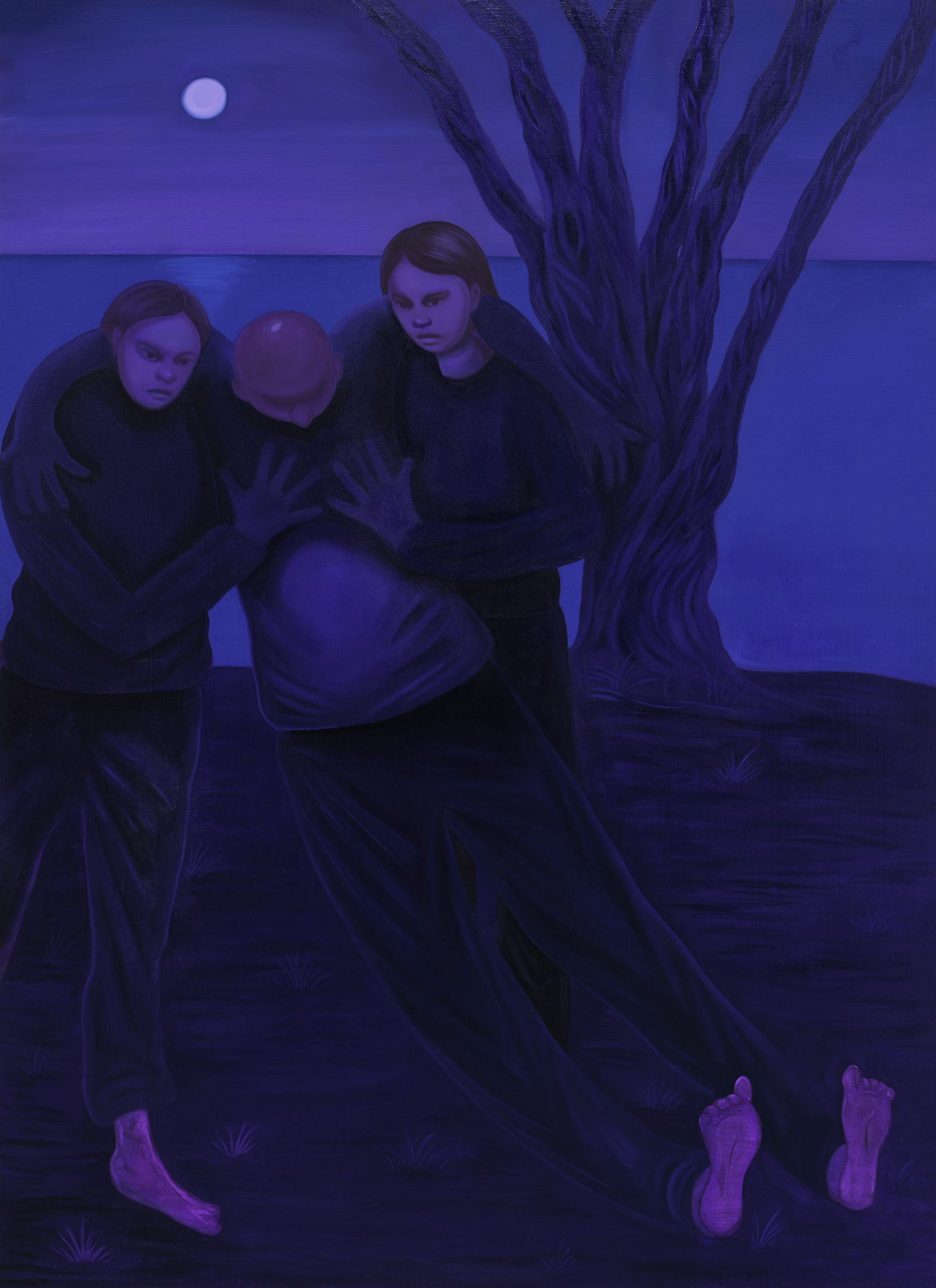 Three figures in dark clothing tending to an object; moonlit, blue-purple tones, tree, water.