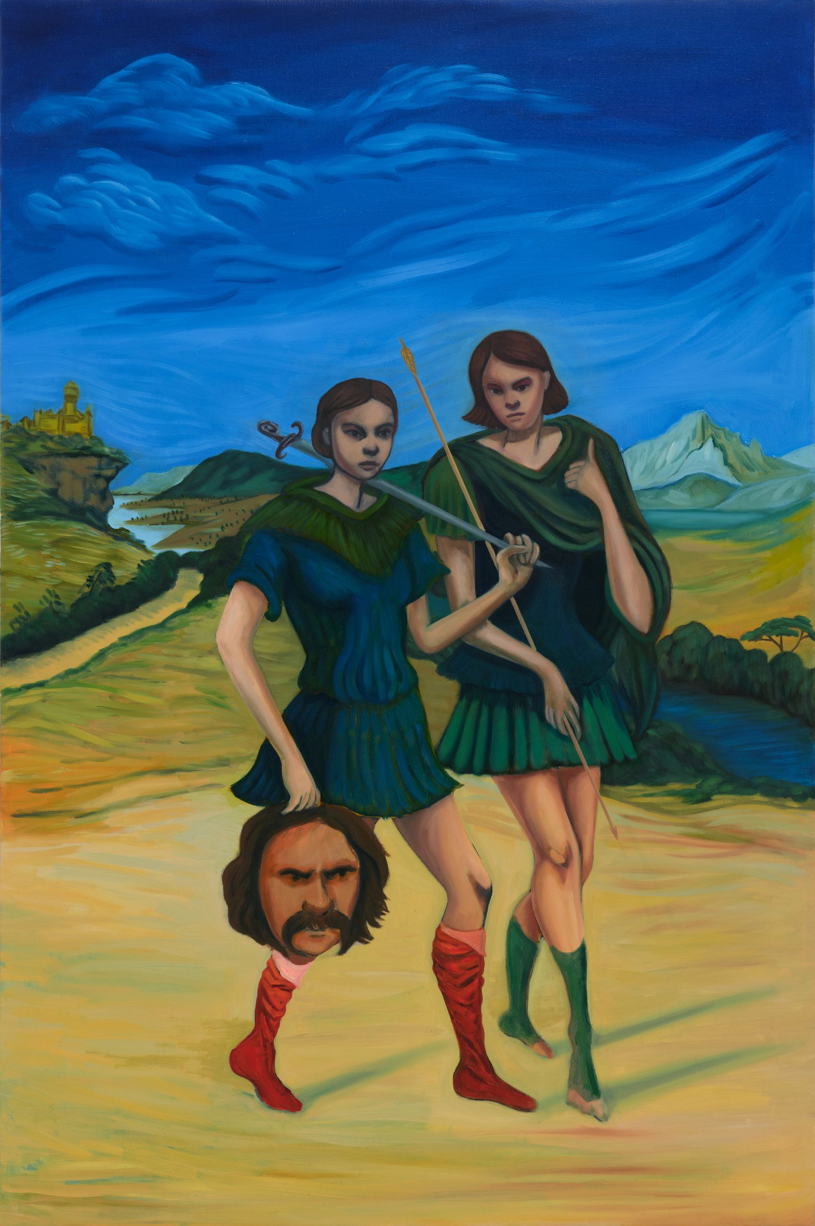 Two figures, one carrying a severed head, walk across a landscape. Blue sky, green and gold tones.