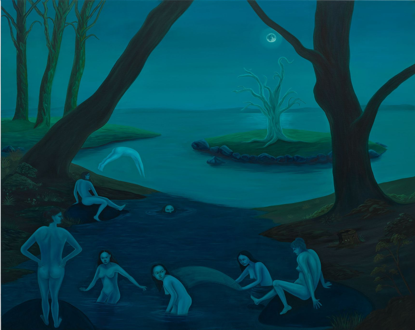 Nighttime lake scene with nude figures in water, silhouetted trees, blue hues.