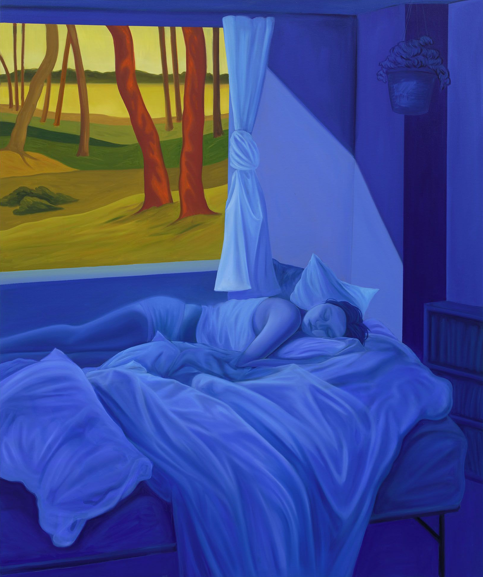 A person asleep in bed under a blue light, with a window view of trees.