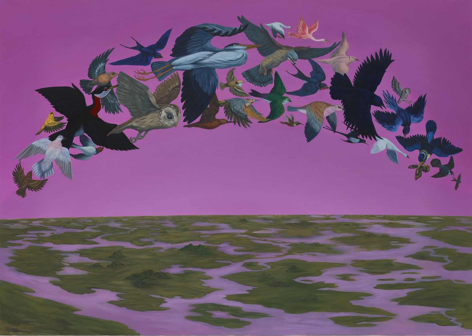 A flock of diverse birds arcs across a magenta sky above a green and purple landscape.