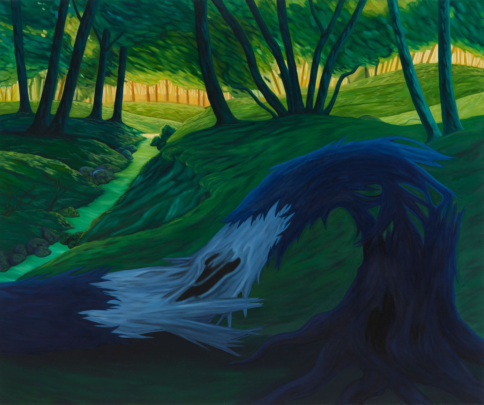 Forest scene: blue wave crashes near dark tree against a green and gold sunlit landscape.