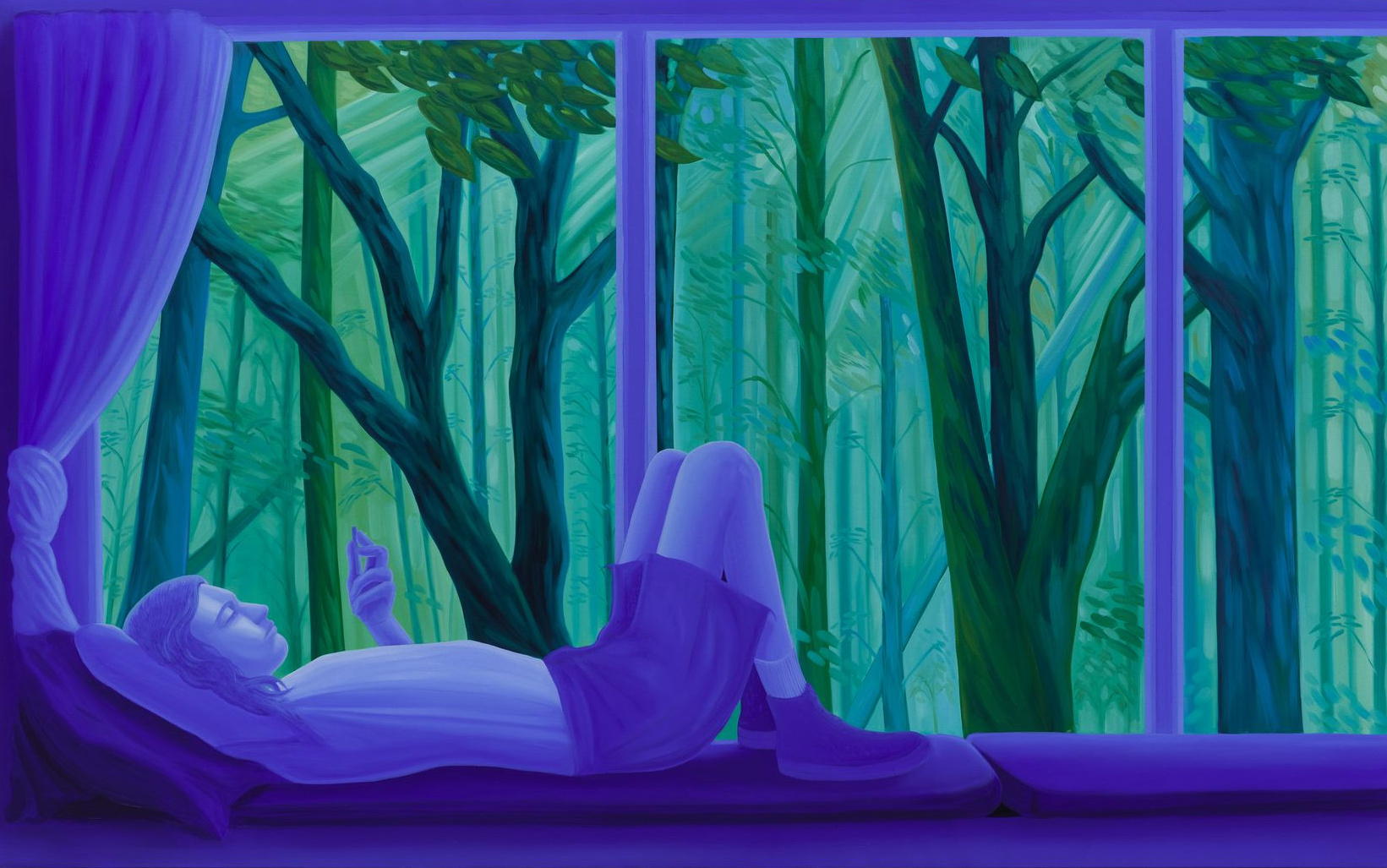 Person reclining by window, looking at phone. Forest outside in shades of green and blue.