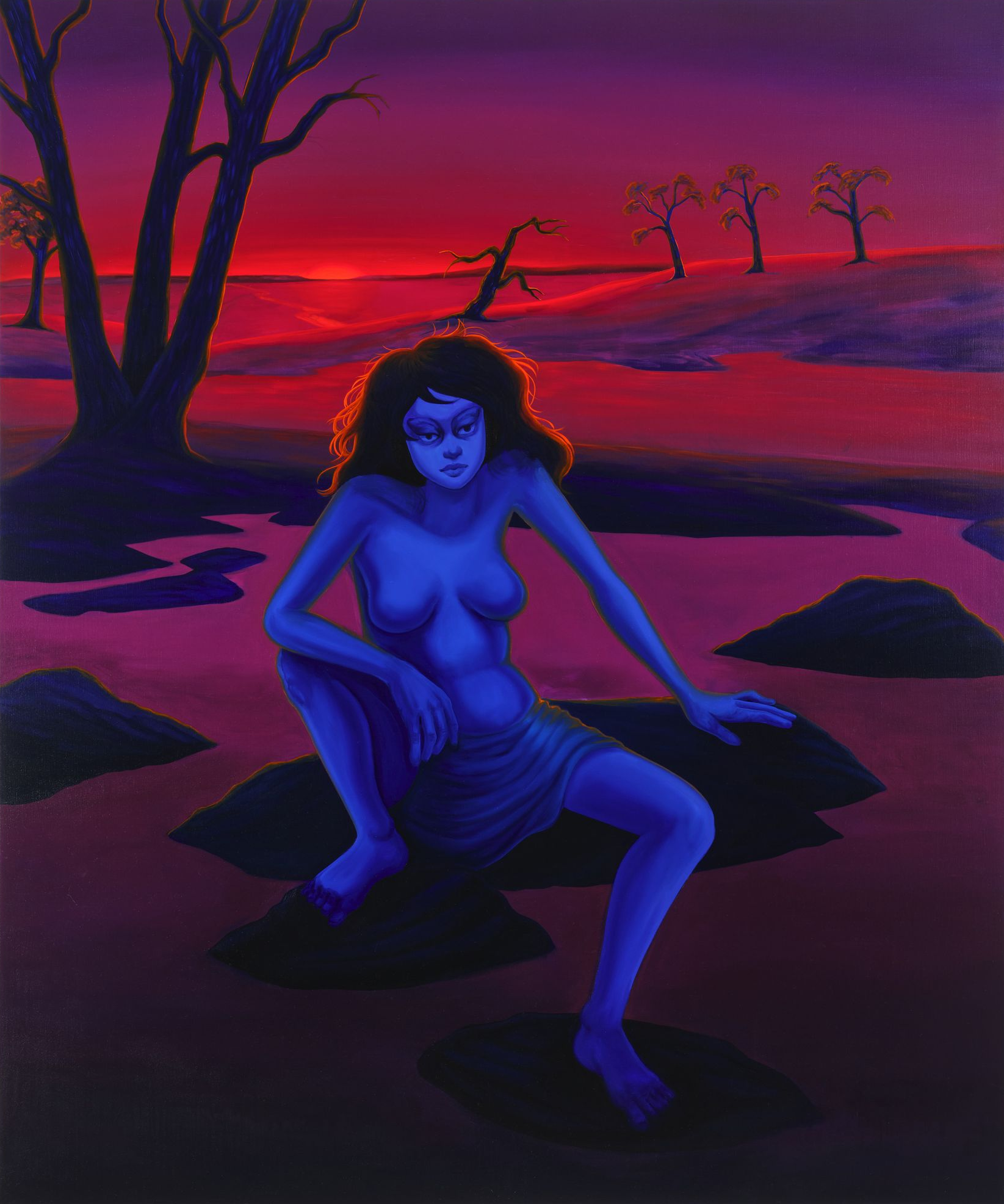 Blue-skinned woman squats, bathed in red twilight. Dark trees and landscape in background.