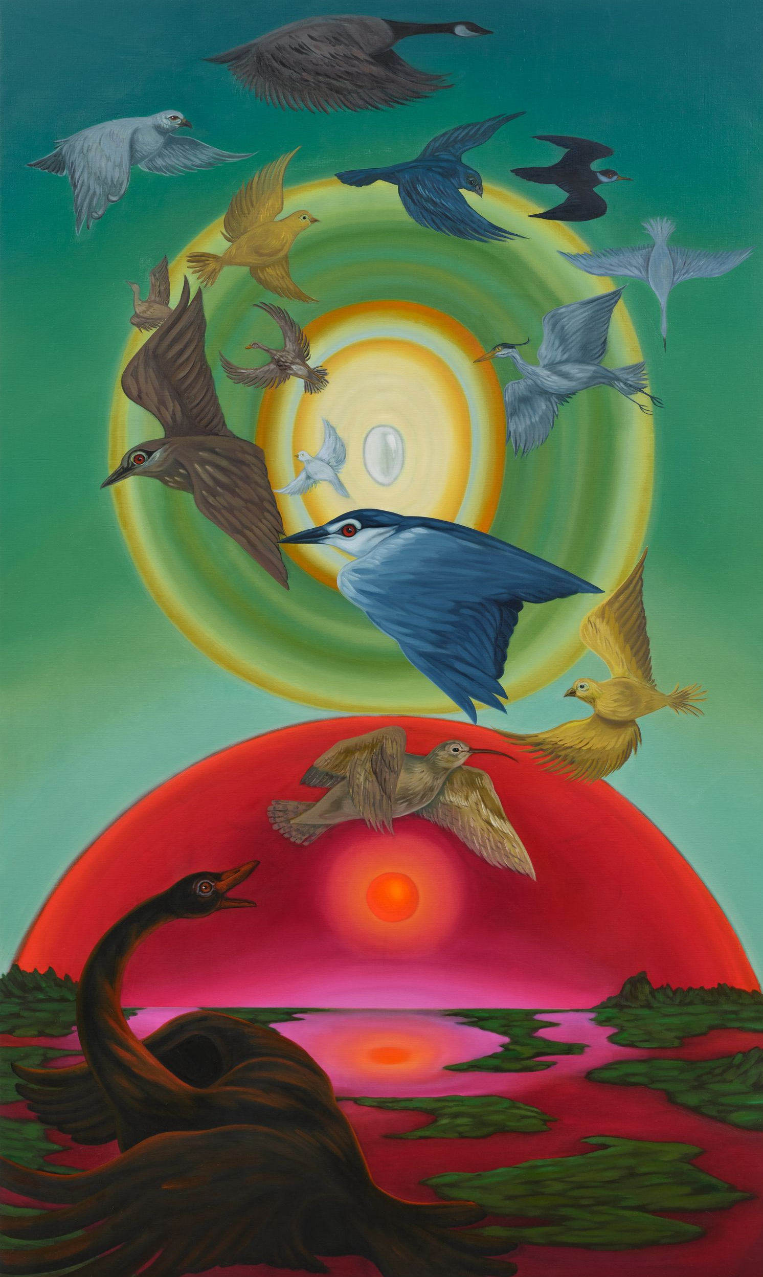 Birds in flight around a central light, over a red landscape with a black swan.