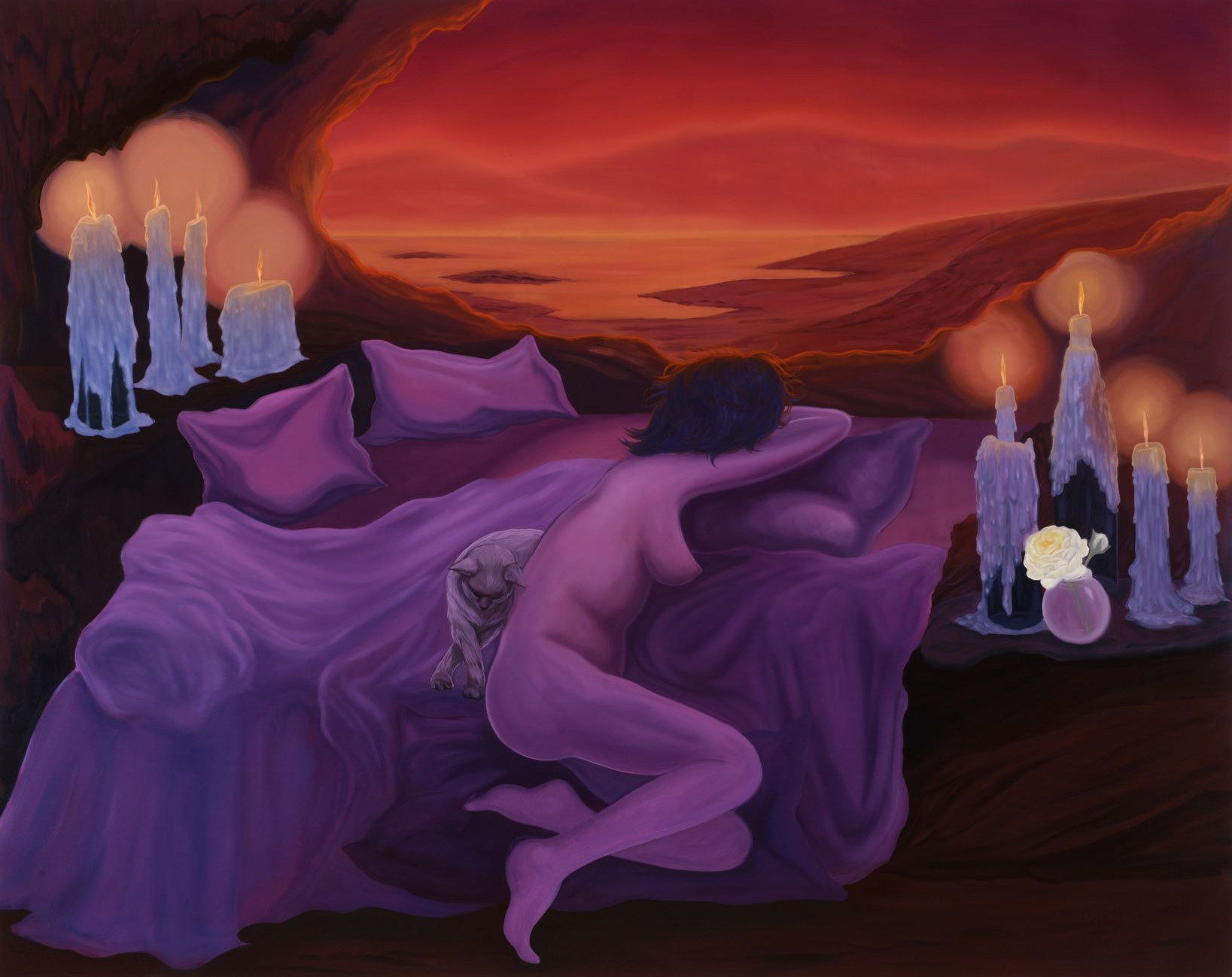 Nude woman on a purple-draped bed, lit by candles in a cave-like setting with red sky.