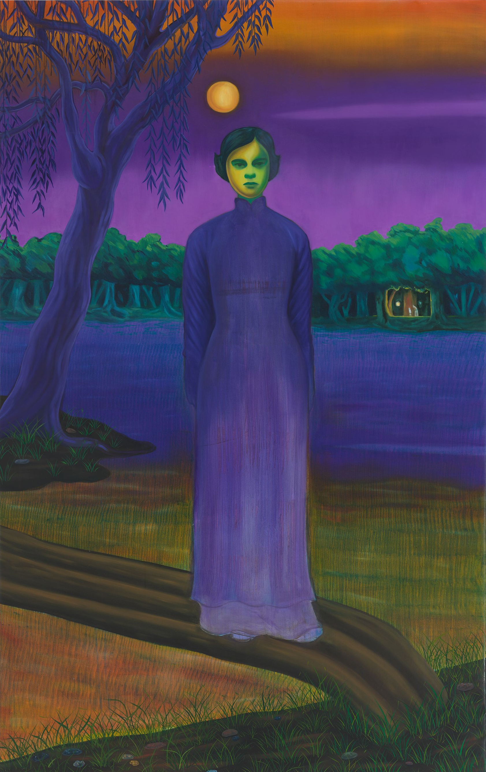 Woman in purple dress stands by lake, glowing moon overhead, purple and orange sunset.