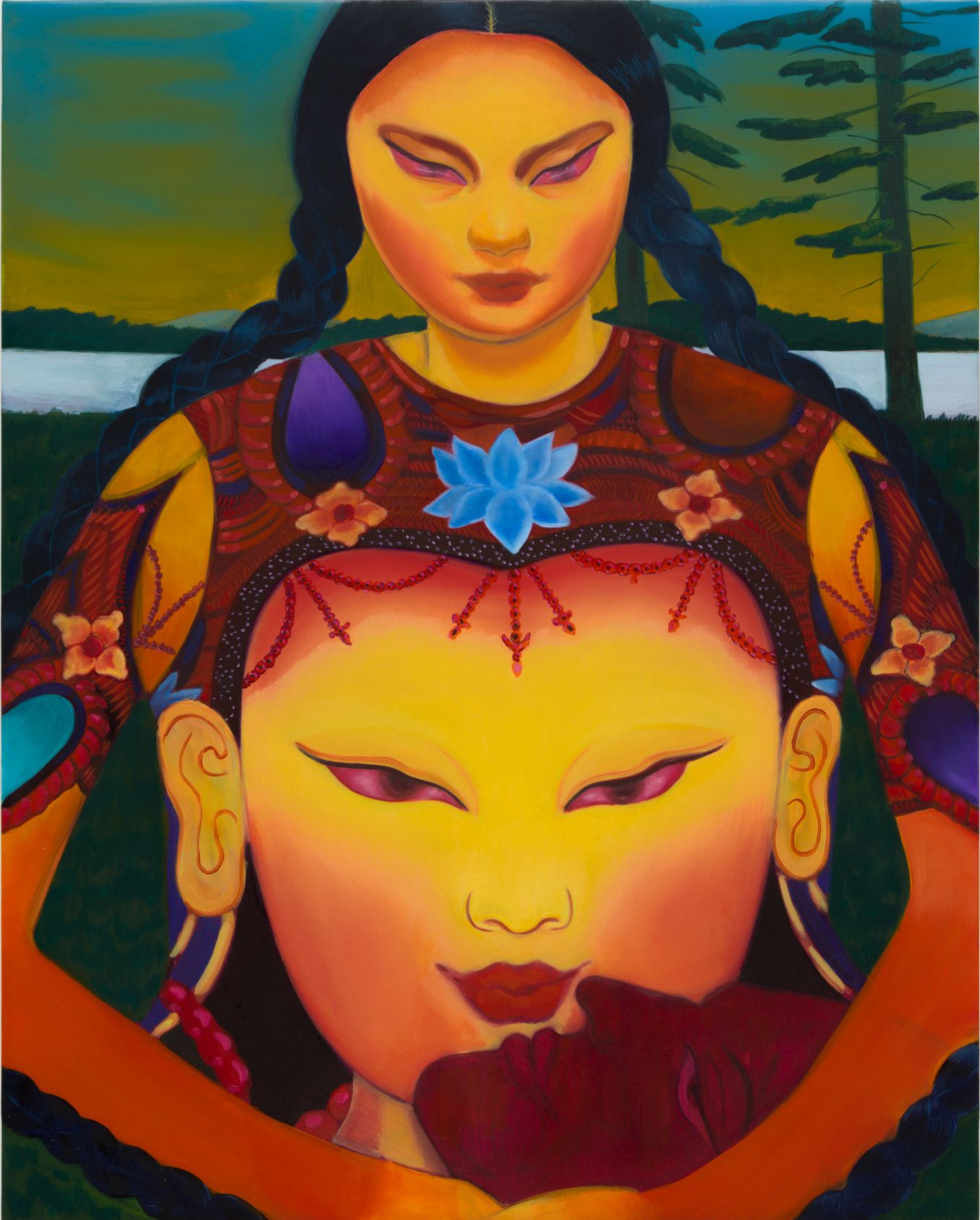 Two stylized female figures, one behind and embracing the other. Yellow faces, blue flower, braided hair, forest background.