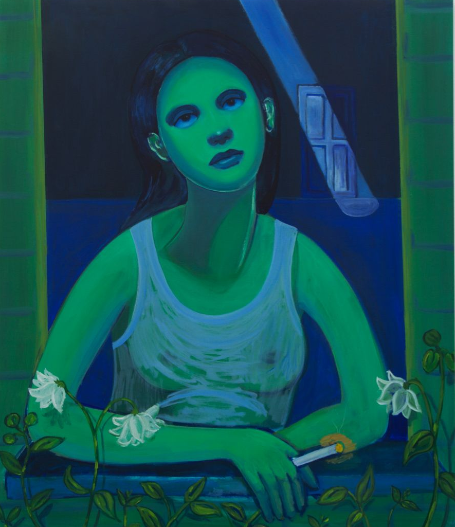 Woman in window, green skin, white tank top, smoking, surrounded by vines, night.
