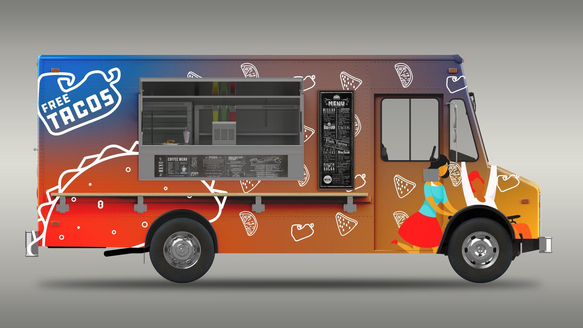 a taco truck with a woman sitting in the driver 's seat