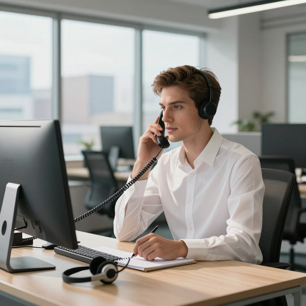 Un profesional con camisa blanca está sentado en un escritorio usando una computadora