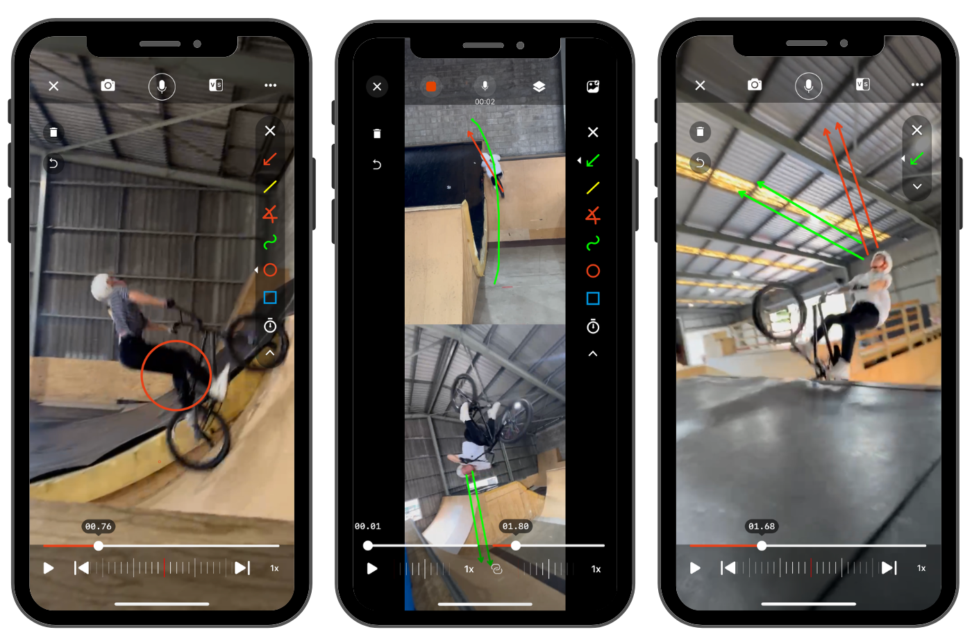 Three phones are displaying a video of a person riding a bike on a ramp.